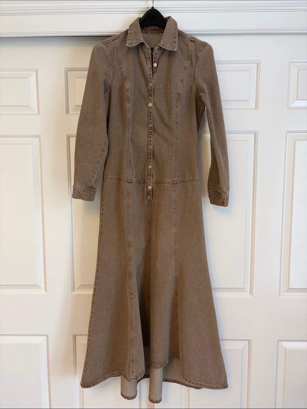 Newport News Jeanology Collection brown denim flared maxi dress